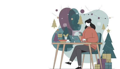 Woman working remotely or shopping online during Christmas holidays Festive workspace illustration