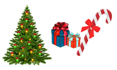 PNG image of Festive christmas scene featuring a decorated tree gift boxes and a candy cane for holiday cheer and seasonal celebrations perfect for greetings on transparent background
