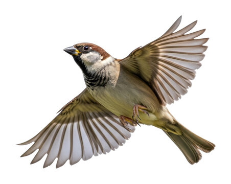 Sparrow in flight urban park wildlife clear sky isolated on transparent background