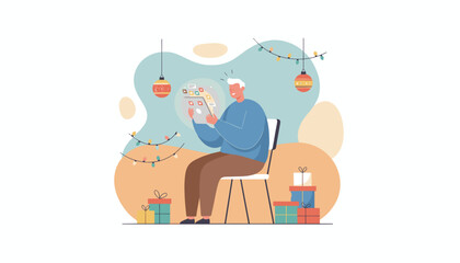 Senior man uses a tablet during Christmas surrounded by gifts and festive lights Digital holiday concept