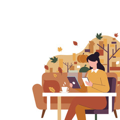 Woman using tablet and phone with coffee in an autumn setting Digital productivity and cozy fall lifestyle