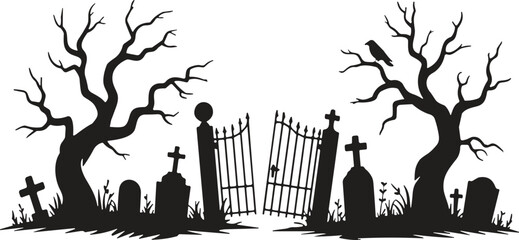 PrintHalloween Graveyard Silhouette Vector Illustration, Spooky Cemetery Gate, Tombstones, Bare Trees, and Crow, Perfect for Horror, Funeral, and Ghostly Design Elements