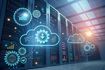 Futuristic data center with glowing cloud technology and network connections