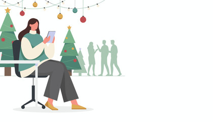 Woman using tablet at a holiday work party with Christmas trees and lights Festive business communication
