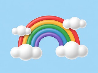 Glossy cartoon rainbow arcs through fluffy clouds on a bright blue sky background