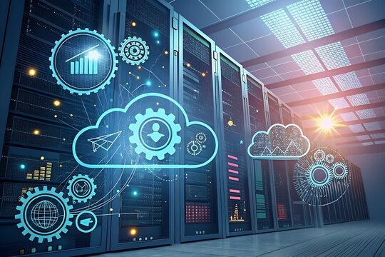 Futuristic data center with glowing cloud technology and network connections