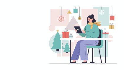 Festive woman uses a tablet for holiday shopping or communication surrounded by gifts and decor
