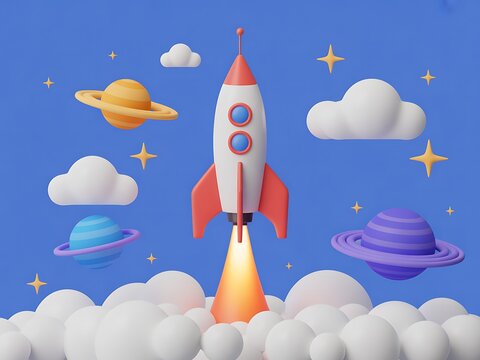 A white and red cartoon rocket is launching amidst 3d planets and clouds - Powered by Adobe