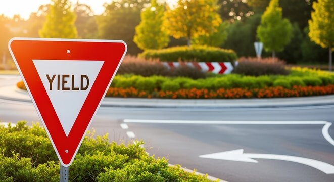 Yield road sign stands prominently in a landscaped roundabout, surrounded by vibrant flowers and greenery, emphasizing traffic rules and safe driving practices in urban environments