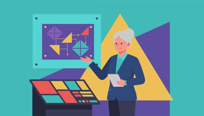Senior professional presenting data analysis and strategy using a board and tablet