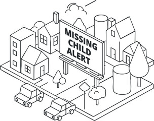 A community scene featuring a missing child alert billboard in geometric black and white vector style, suitable for awareness campaigns and safety messaging