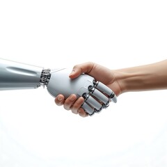 Human hand and robotic arm shaking hands in a symbol of collaboration and future technology partnership on a white background