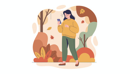 Woman worried about poor mobile signal outdoors in autumn Digital communication issue concept