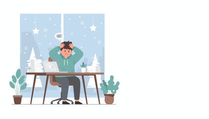 Stressed worker dealing with burnout and heavy workload indoors during the winter season