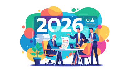 Vector illustration of business team planning strategy for success in 2026