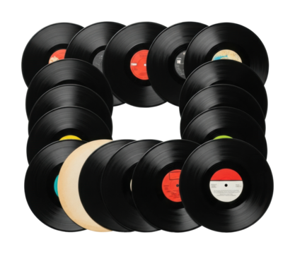 Vinyl record collection display home top view isolated on transparent background