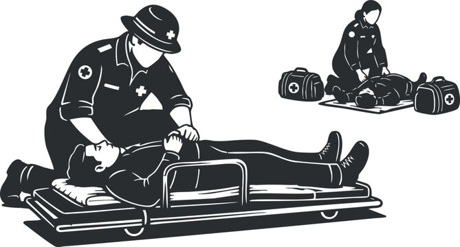 A paramedic performing CPR on a patient in a minimalist black and white vector style, ideal for health and safety training materials