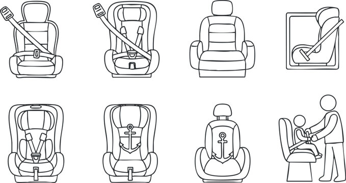 A collection of car seat safety icons illustrating installation, usage, and secure fitting in minimalist outline vector style, ideal for childcare and parenting resources