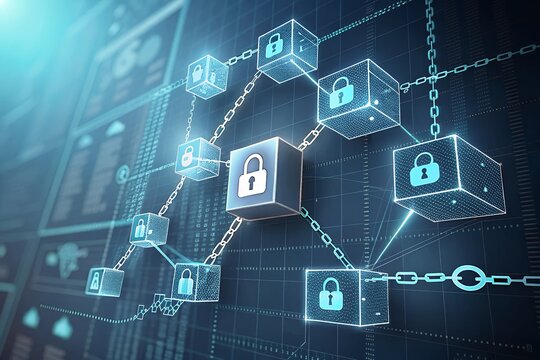 Secure digital blockchain network with glowing padlock icons