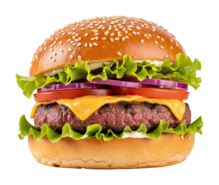 Juicy burger delight fast food restaurant food isolated on transparent background