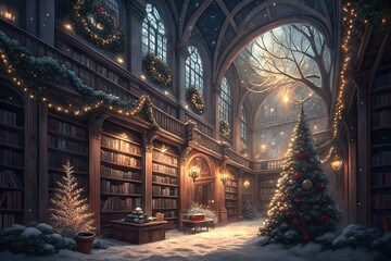Magical winter library illuminated by christmas lights and snow