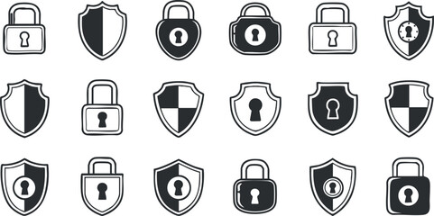 A collection of security icons featuring various padlocks and shields in minimalist black and white vector style, ideal for technology and cybersecurity projects