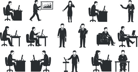 A collection of business professionals in various office activities in black and white vector style, ideal for corporate presentations and materials
