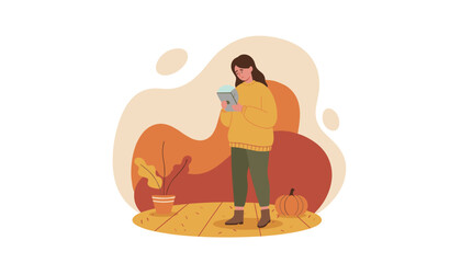 Autumn illustration of a stressed woman using a digital tablet indoors with fall home decor