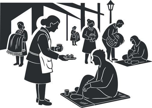 A community market scene with various vendors and customers in black and white silhouette vector style, ideal for social themes and urban lifestyle projects