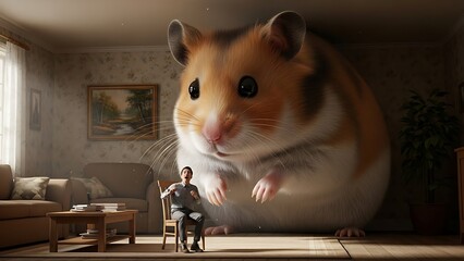 Giant Hamster Threatening a Scared Man Sitting on a Chair in a Suburban Living Room, Surreal Humor