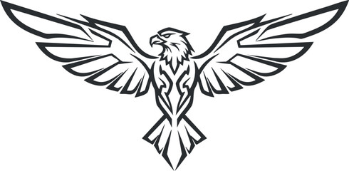 Fototapeta premium A stylized hawk or eagle illustration with outstretched wings in black outline vector style, suitable for logo designs and branding