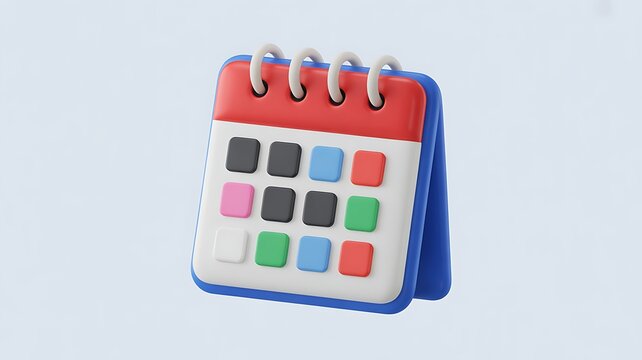 Colorful and playful 3d calendar icon featuring varied square color day markers on light background
