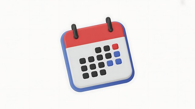 A 3d calendar icon shows black, red, and blue squares on a white backdrop