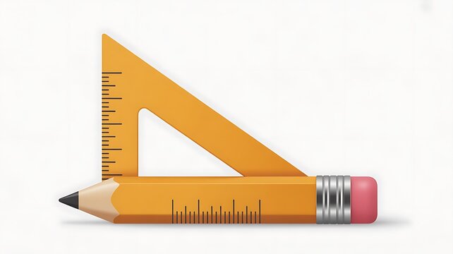 An orange pencil lies horizontally with a triangular ruler on a plain white background