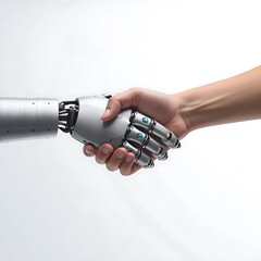 Close up of a human hand shaking hands with a futuristic robotic mechanical arm on a clean white background symbolizing collaboration