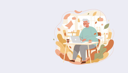 Smiling senior man working remotely on a laptop in a cozy autumn cafe setting