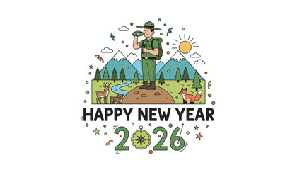 Happy New Year 2026 Park ranger exploring mountains with wildlife Greeting card design