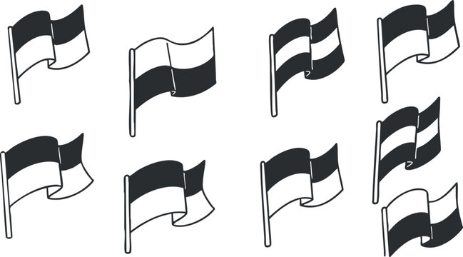 A collection of waving flags in black and white outline vector style, suitable for national celebrations and events