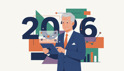 Professional executive uses a tablet for 2026 business strategy and data analysis