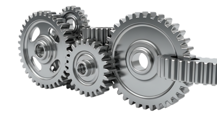 Interlocking metal gears meshing together, a mechanical assembly, cutout, PNG isolated on white or transparent background