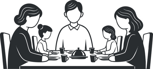 A family gathered around a dining table enjoying a meal in black and white minimalist vector style, perfect for family-related themes and lifestyle illustrations