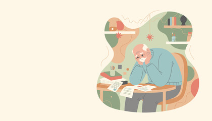 Overwhelmed senior man sitting at a desk with papers experiencing stress and fatigue