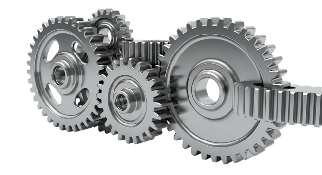 Interlocking metal gears meshing together, a mechanical assembly, cutout, PNG isolated on white or transparent background - Powered by Adobe