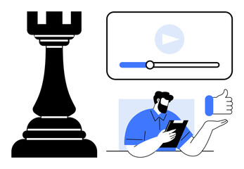 Chess rook symbolizing strategy, media player screen with progress bar, person with tablet, thumbs-up icon. Ideal for strategy, digital interaction, content creation, business, education feedback