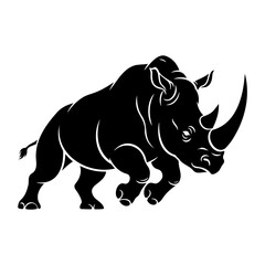 A bold black rhinoceros silhouette charging forward with fierce energy