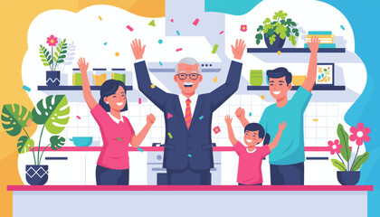 Happy multigenerational family celebrating success with raised hands and confetti in a bright kitchen