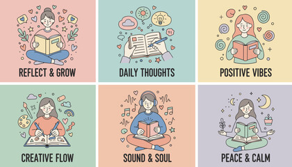 Cute vector art set of selfcare activities journaling reading meditation and creative hobbies