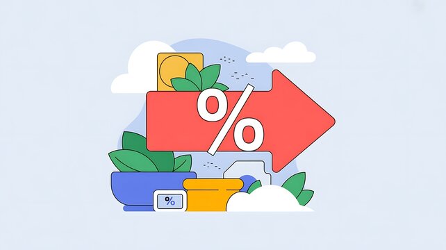 Red arrow featuring percentage symbol descends with leaves and sky element on light background
