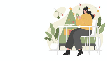 Holiday communication Woman using mobile phone near a festive Christmas tree illustration