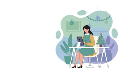 Woman working on a tablet in a festive office setting Holiday business productivity illustration